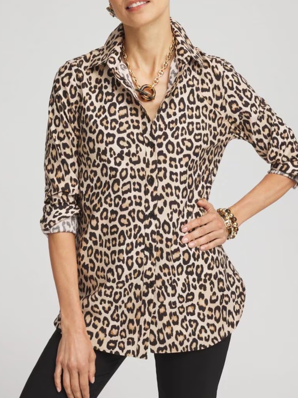 Chico's Leopard Print Button Down Blouse Tan & Black, Rayon Blend Sz 1 (8/10)